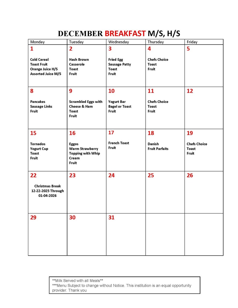 MS/HS December Breakfast Menu