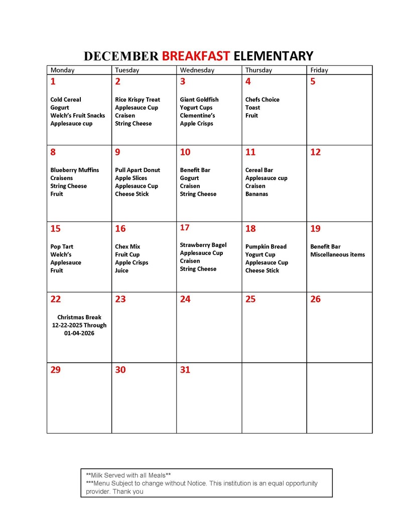 Elementary December Breakfast Menu