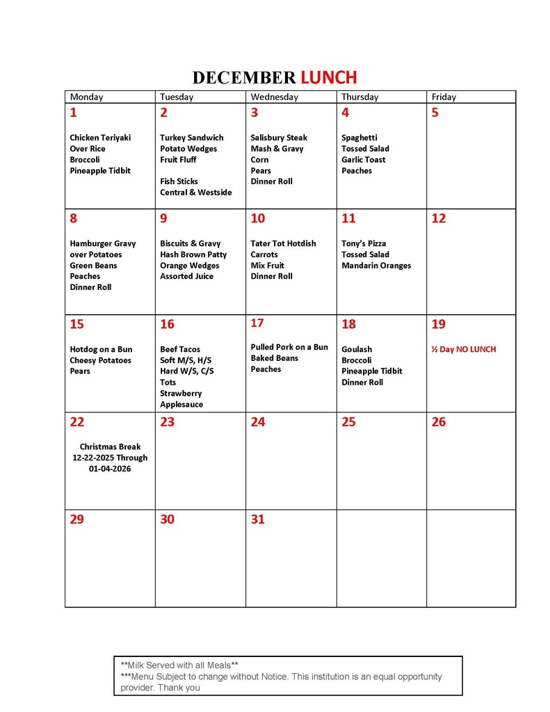 December Lunch Menu
