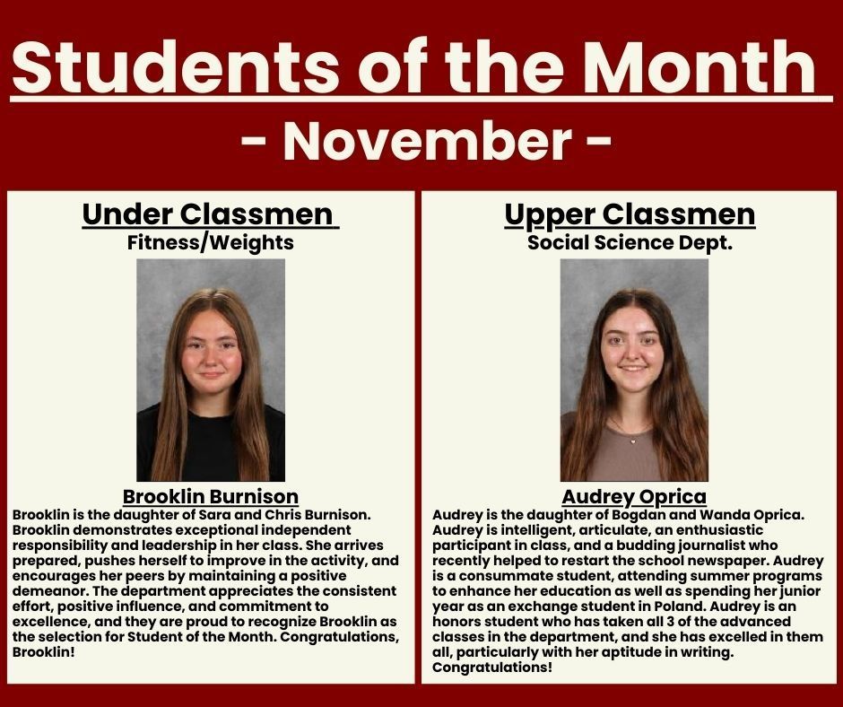 HS November Students of the Month. Brooklin Burnison and Audrey Oprica