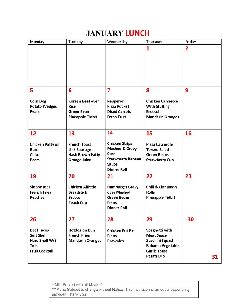 January Lunch Menu