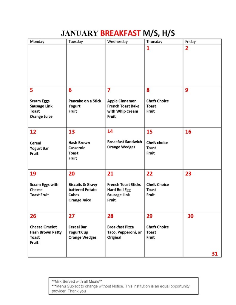 January MS/HS Breakfast Menu