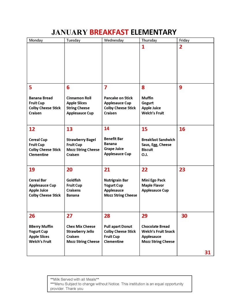 January Elem Breakfast Menu