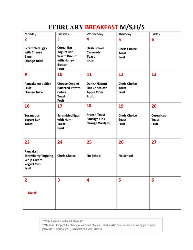 February MS/HS Breakfast Menu