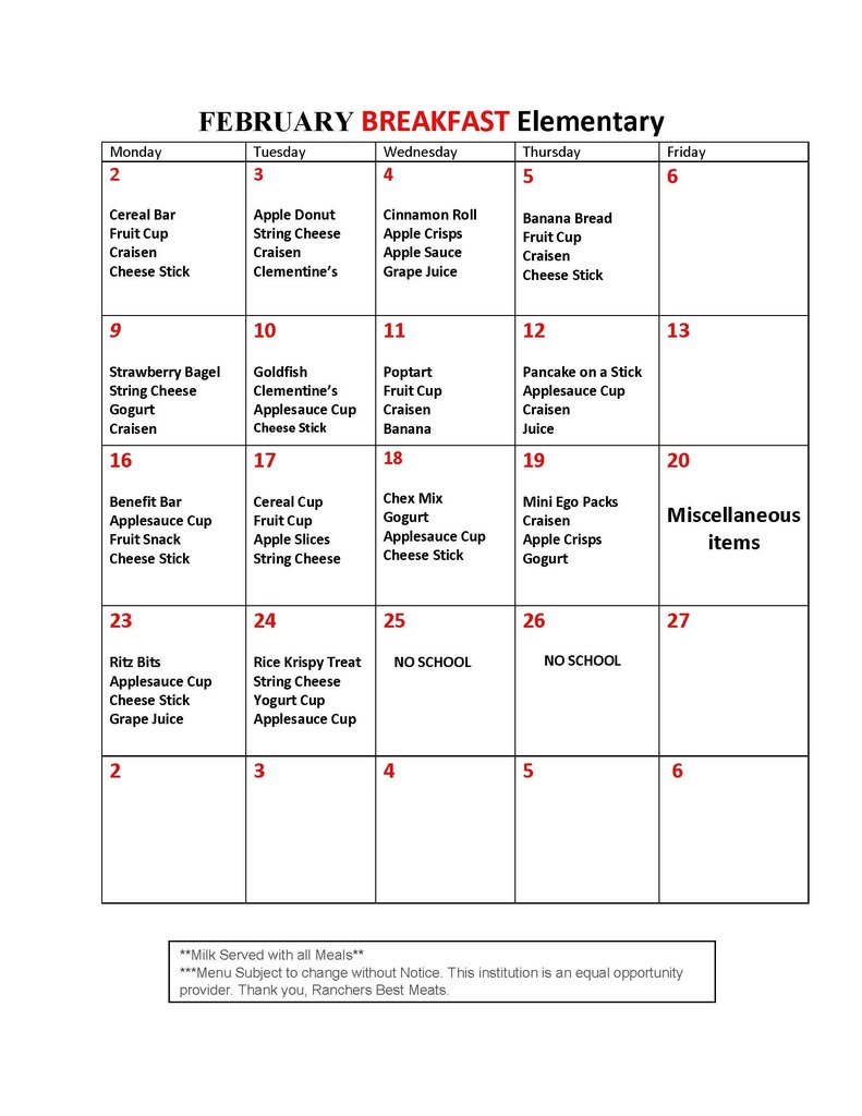 February Elem.  Breakfast Menu