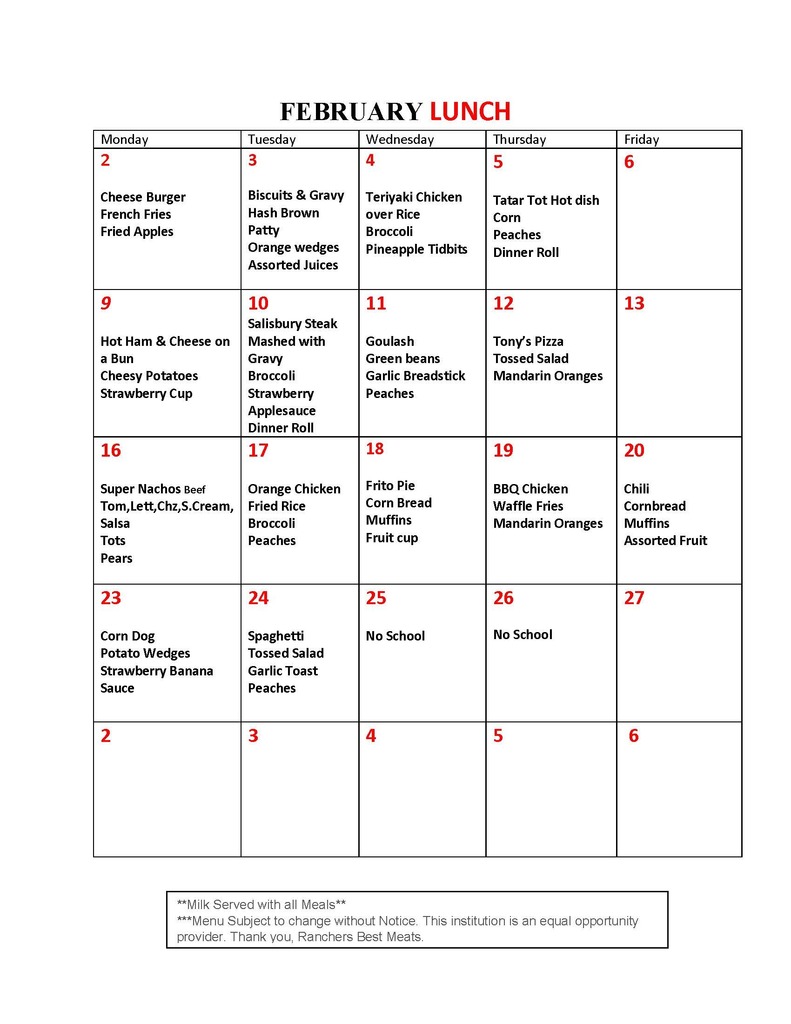 February Lunch Menu