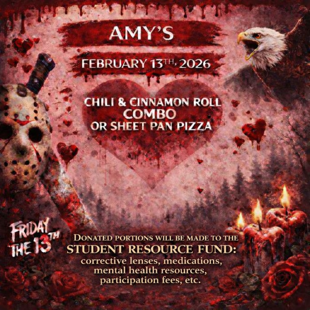 Amys will be hosting a  fundraiser February 13, 2026. Donated portions will be made to the Student Resource Fund