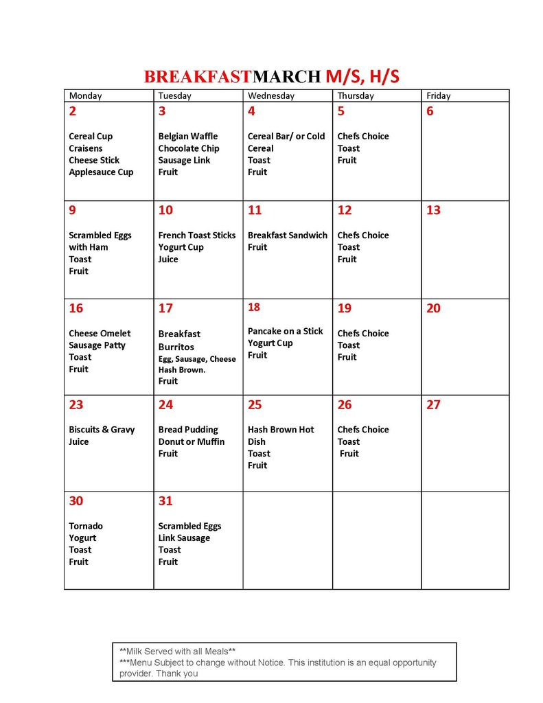 MS/HS March Breakfast Menu