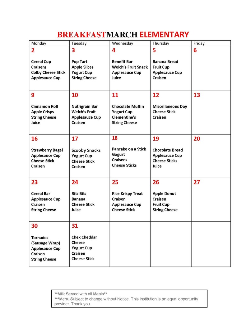 Elem. March Breakfast Menu