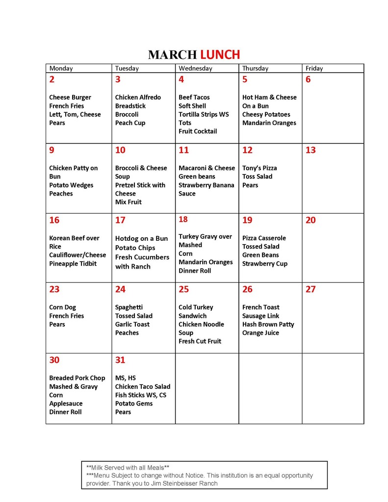 March Lunch Menu