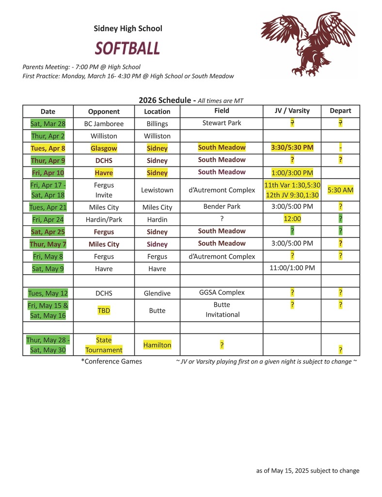 HS Softball Schedule