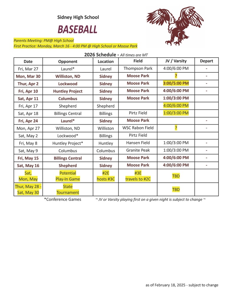 HS Baseball Schedule