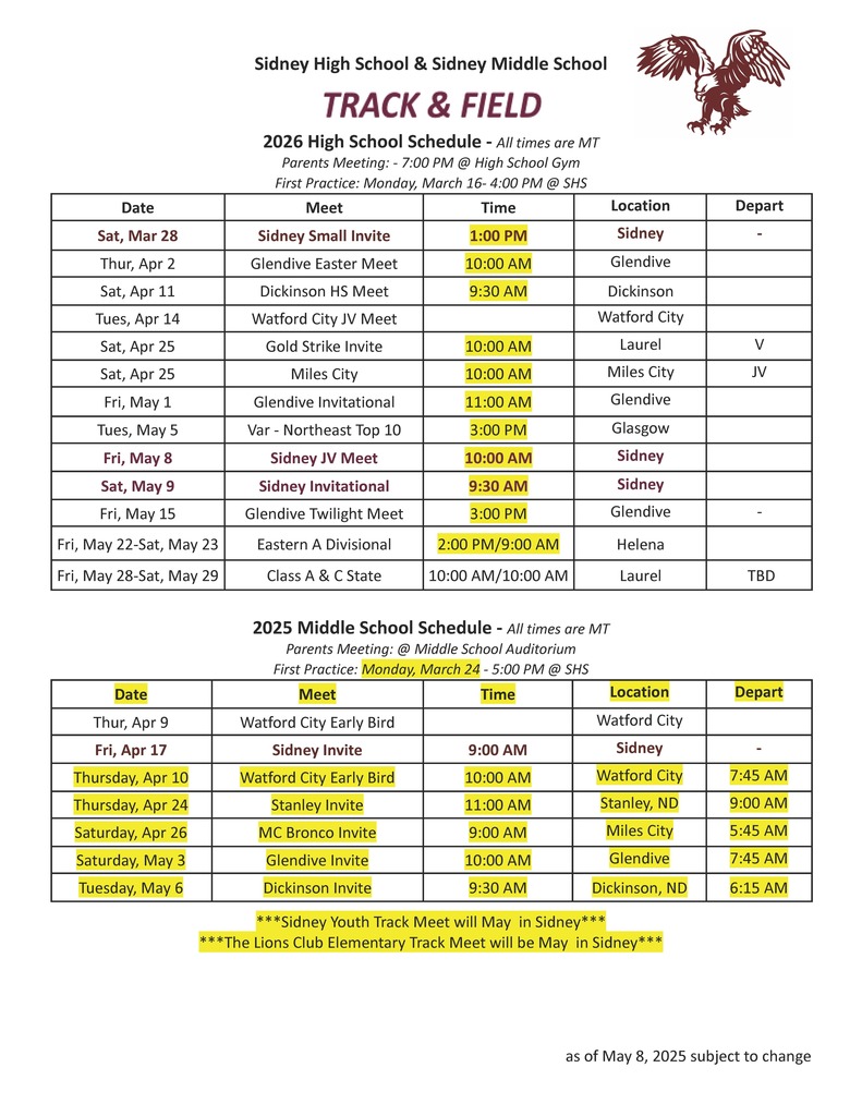 HS/MS Track & Field Schedule