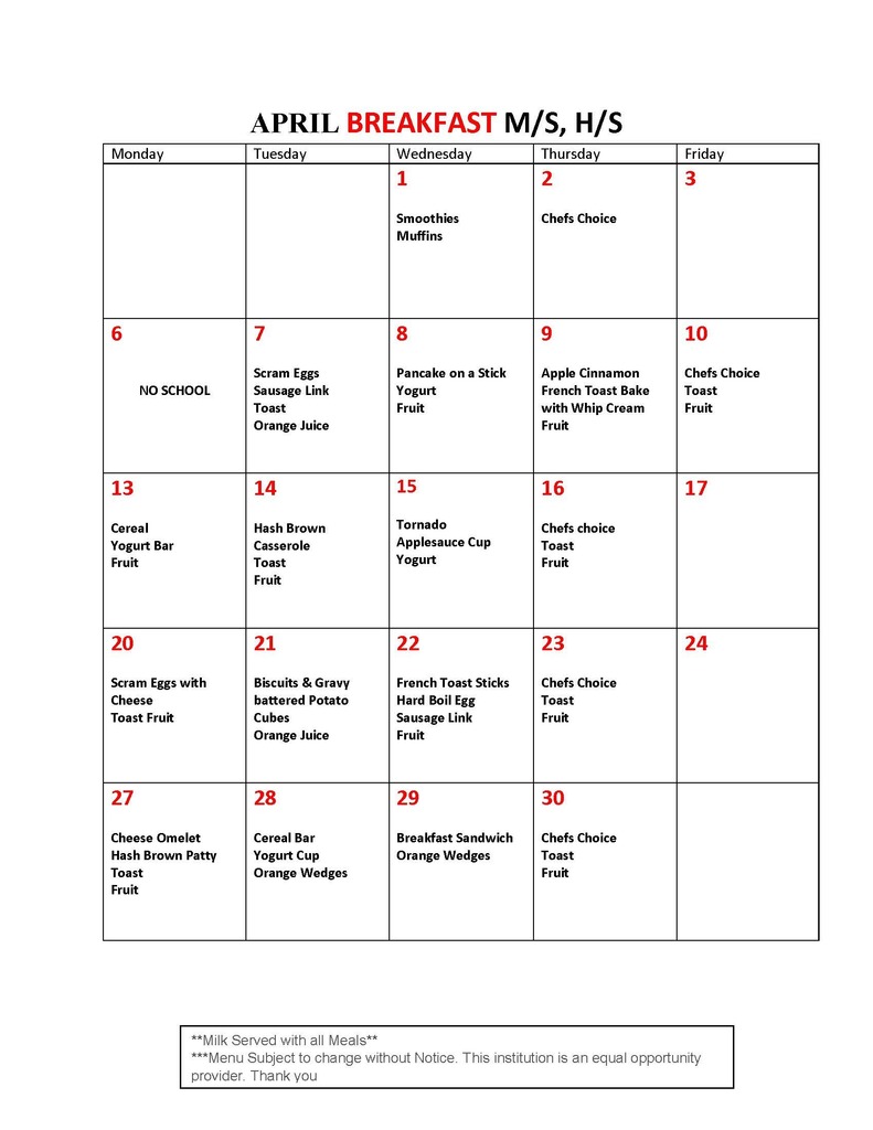 April MS/HS Breakfast Menu