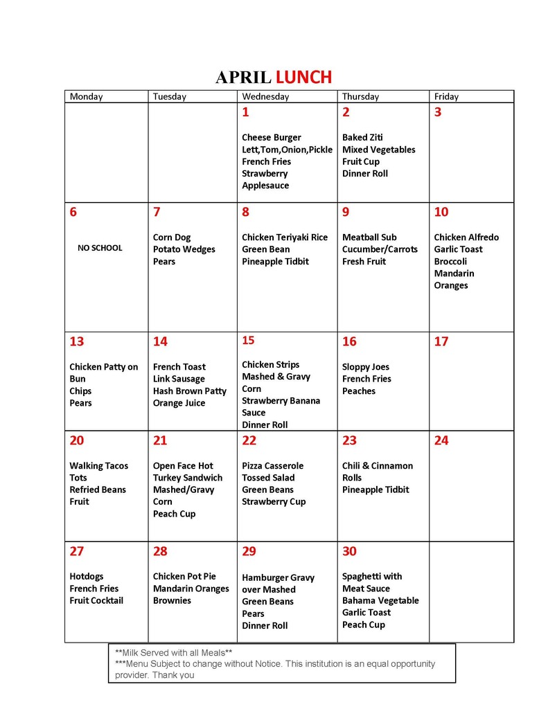 April Lunch Menu