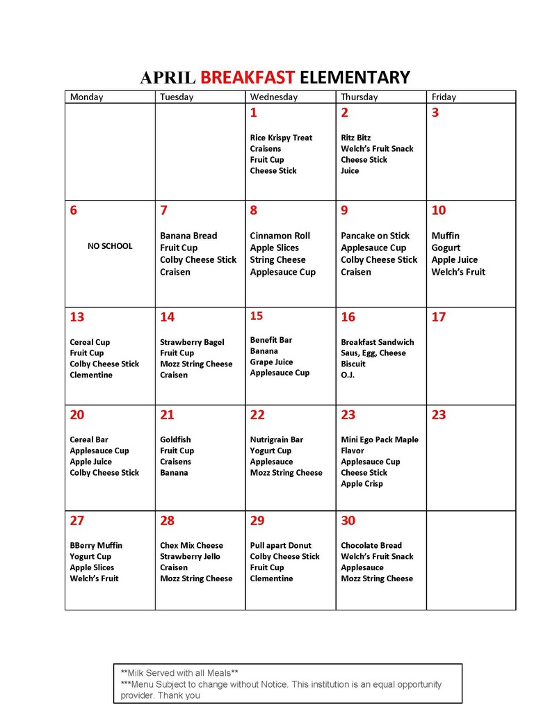 April Elem. Breakfast Menu