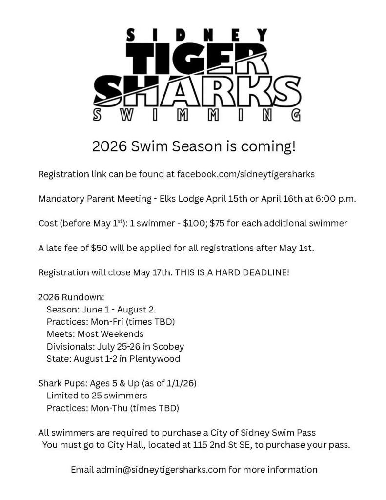 Sidney Tiger Sharks swim season registration info