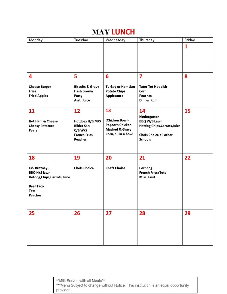 May Lunch Menu