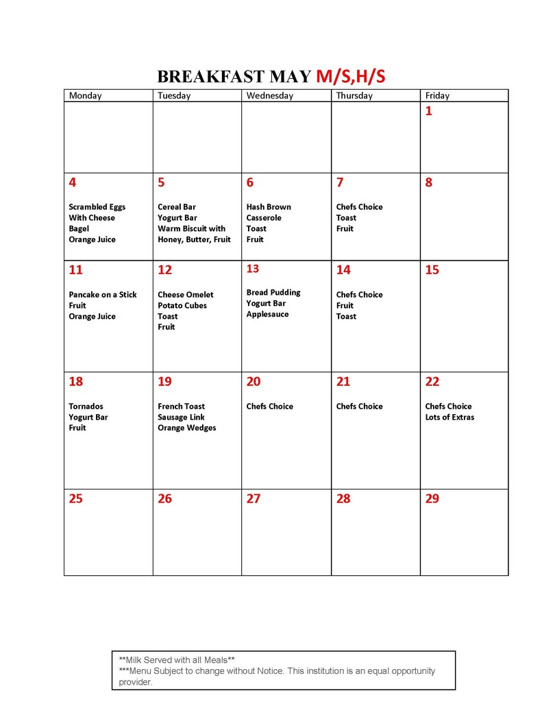 May MS/HS Breakfast Menu