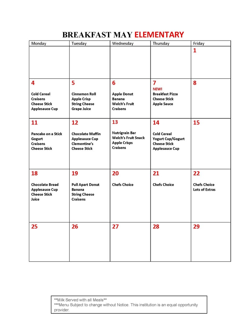 May Elem. Breakfast Menu