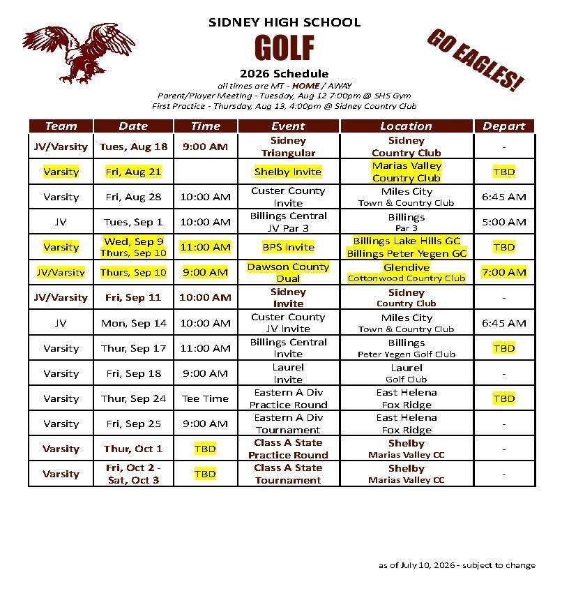 2026 HS Golf Schedule