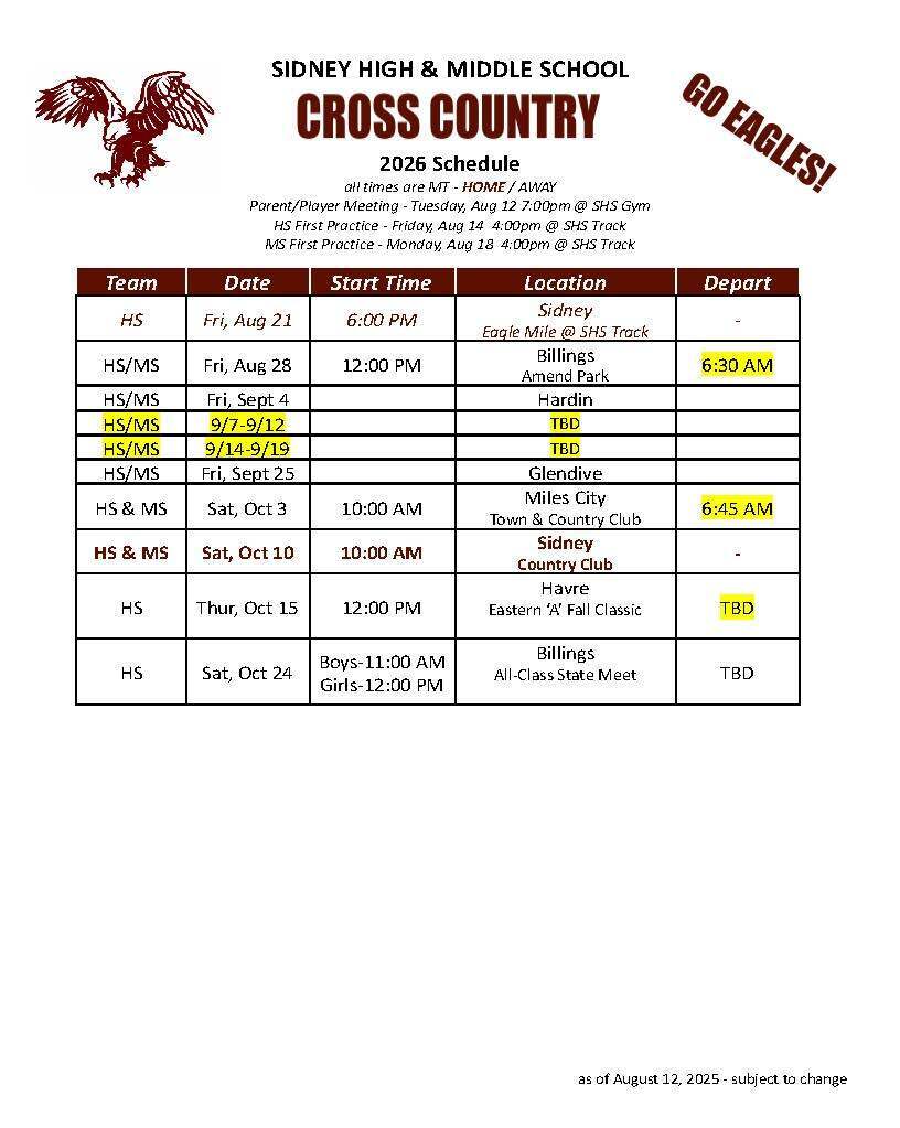 2026 HS/MS Cross Country Schedule