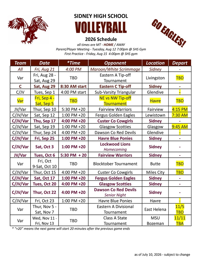 2026 HS Volleyball Schedule