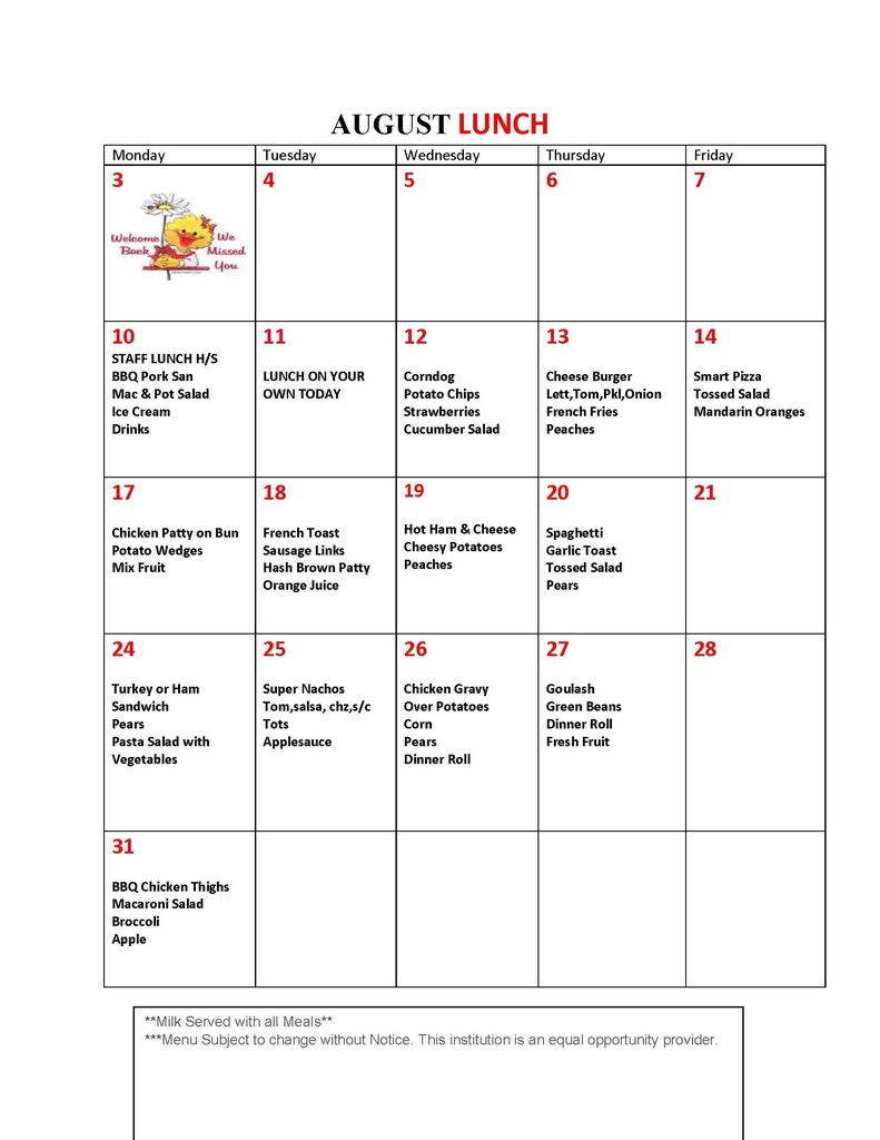 August Lunch Menu