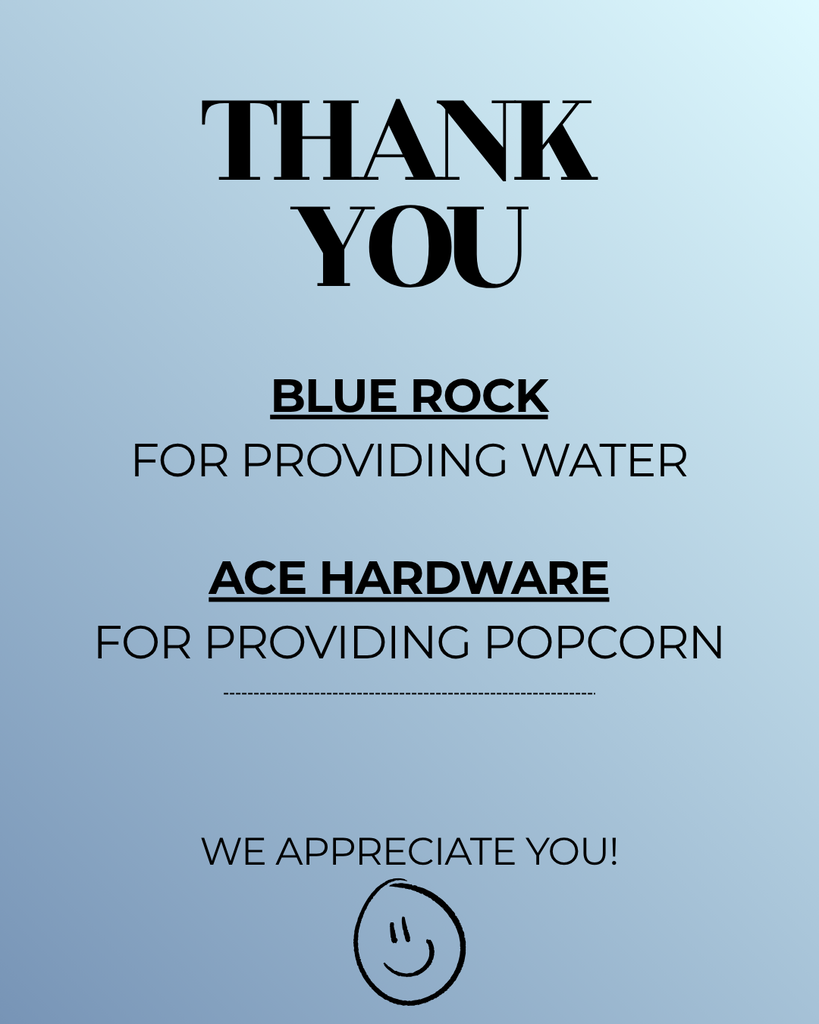 Big THANK YOU to Blue Rock for providing water and Ace Hardware for providing popcorn at WS open house tonight!!