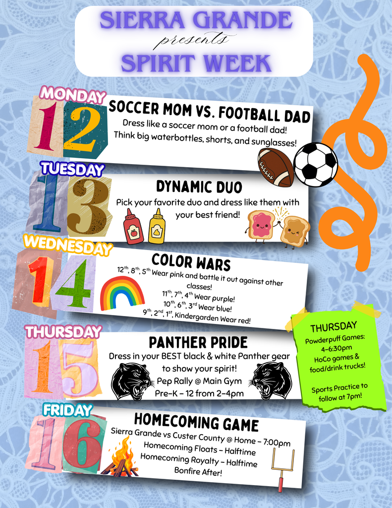 Homecoming Spirit Week is October 12–16! All students are welcome to participate! Join in the daily dress-up themes, get creative, and show off your Panther pride as we celebrate Homecoming together! Check out the flyer for each day’s theme, Color Wars assignments, and all the Homecoming festivities.
