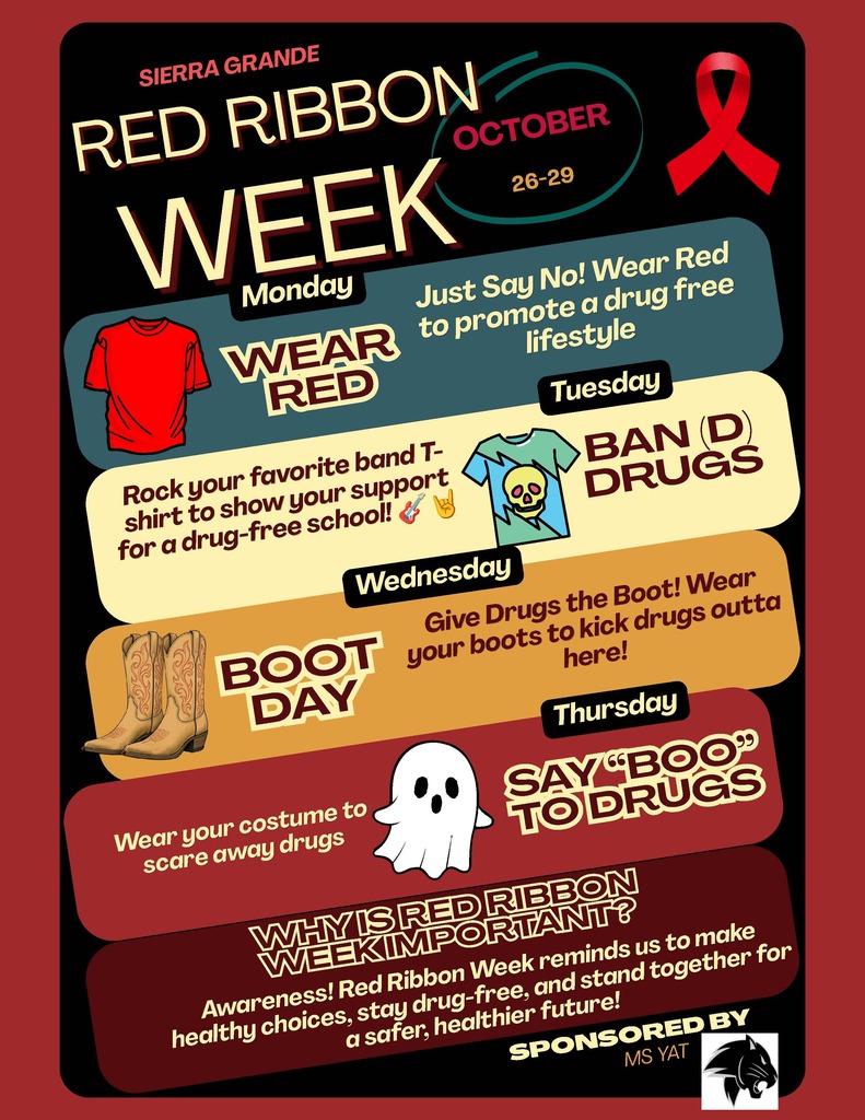 Red Ribbon Week Days 10/26-29 M-Red, T-Band, W-Boots, T-Halloween