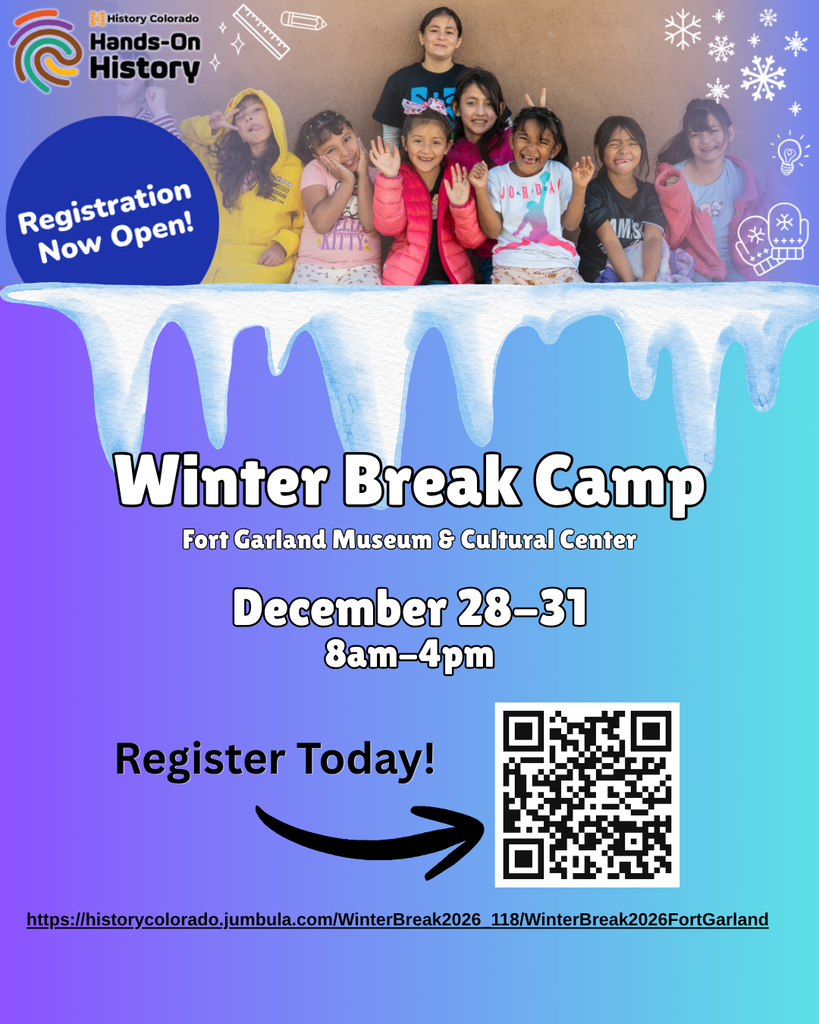 Winter Break Camp at the fort garland musuem. image includes qr code to register. december 28-31