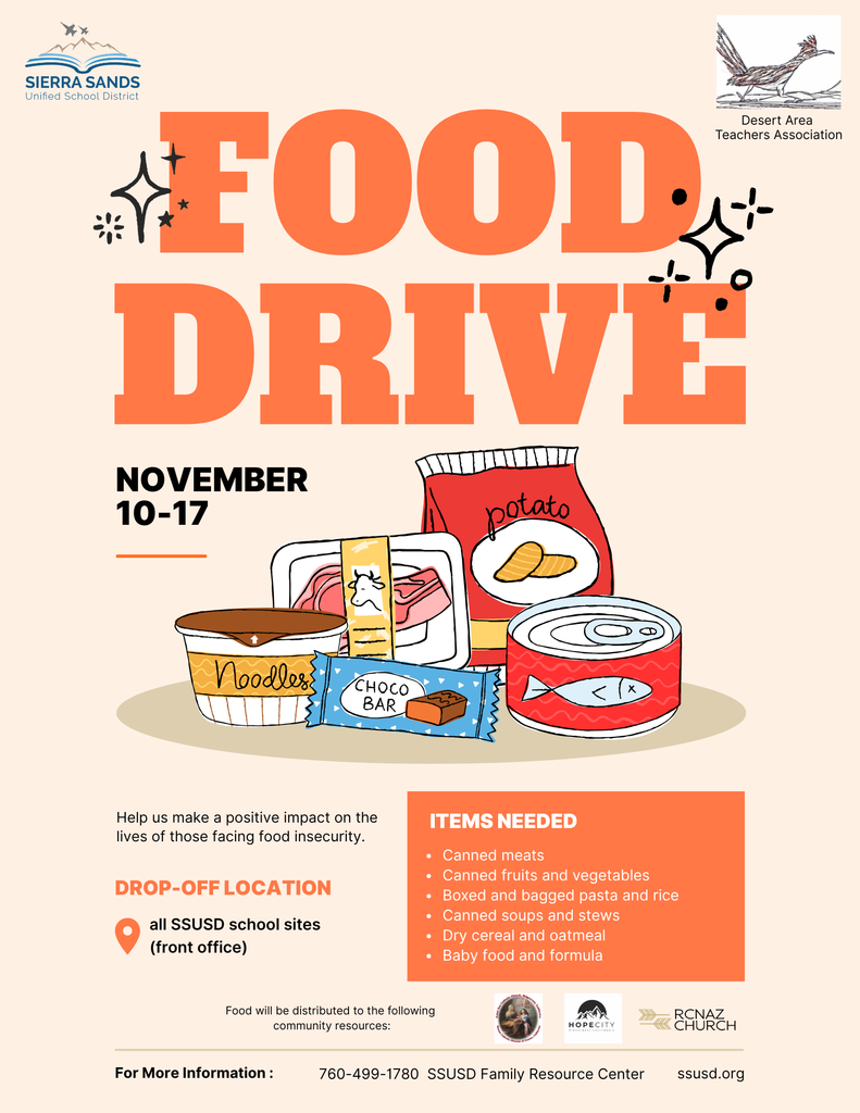 Food Drive flyer.  Collection date Nov. 10-17.  Location at each SSUSD school site front office.  Items needed include all types of non-perishable foods.