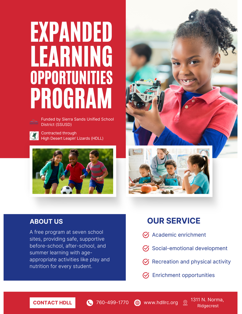 Sierra Sands Unified School District flyer promoting Expanded Learning Opportunities Program at seven of their school sites. It is a free program that provides safe, supportive before-school, after-school and summer learning with age-appropriate activities including play and nutritious snacks.