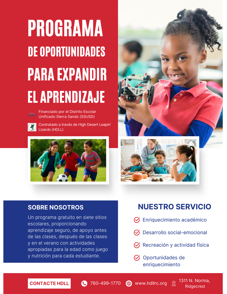 Un programa gratuito en siete sitios escolares, proporcionando aprendizaje seguro, de apoyo antes de las clases, después de las clases y en el verano con actividades apropiadas para la edad como juego y nutrición para cada estudiante.