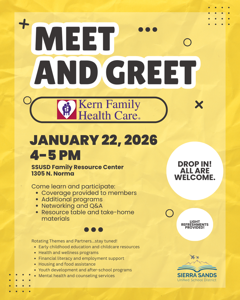 SSUSD Family Resource Center Meet and Greet series flyer spotlighting Kern Family Health Care on January 22 from 4-5 p.m. at 1305 N. Norma
