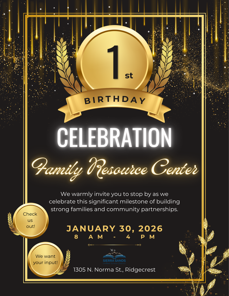 Invitation to attend the SSUSD Family Resource Center "1st Birthday Celebration" anytime on January 30 from 8 a.m. to 4 p.m.