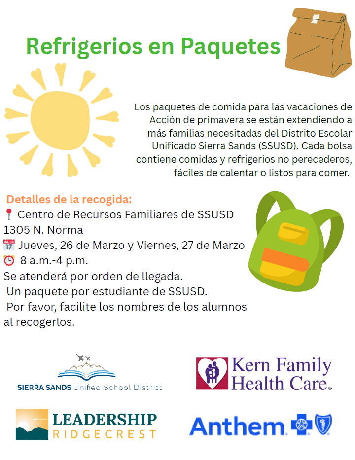 Spring Break Snacks in Packs flyer with spring time images and district and partner logos. First come, first served pick up on March 26 and 27 from 8 am to 4 pm at 1305 N. Norma