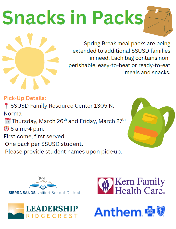 Snacks in Packs flyer with springtime images and partner logos. Pick up on March 26 and 27 from 8 am to 4 pm at 1305 N. Norma.