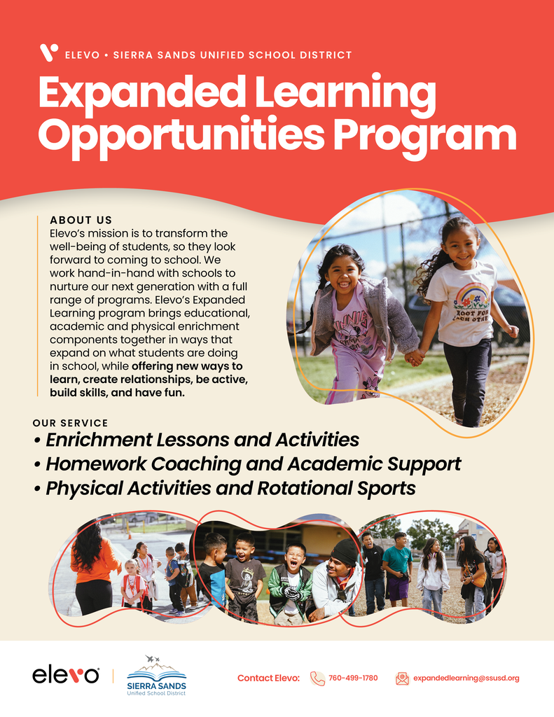 Elevo info flyers in English.  Students outdoors in play.