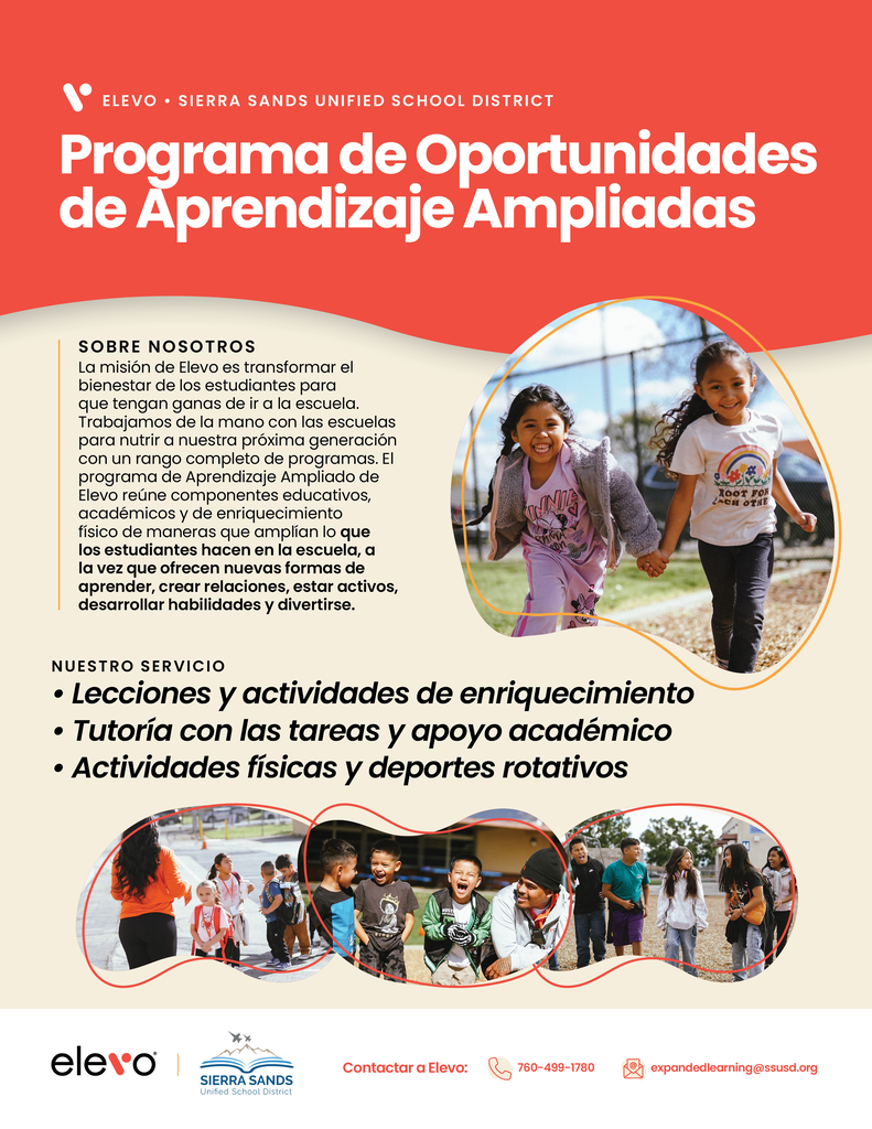 Elevo info flyer in Spanish.  Students outdoors in play.