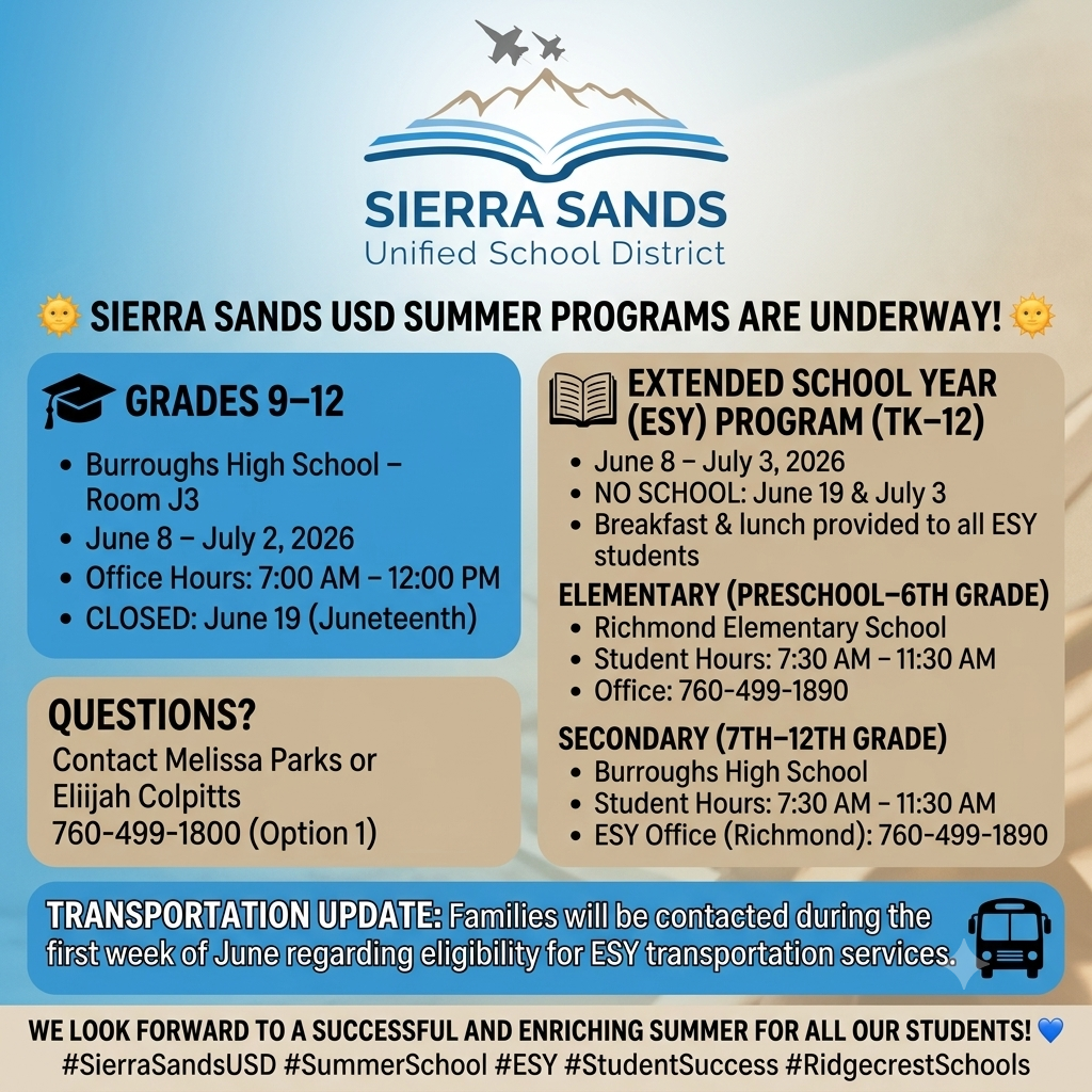 Image with schedule and contact info for Summer School and ESY