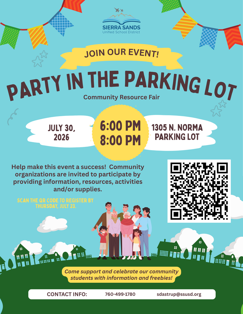 Blue sky, green grass, community buildings, multi-generational family with event information