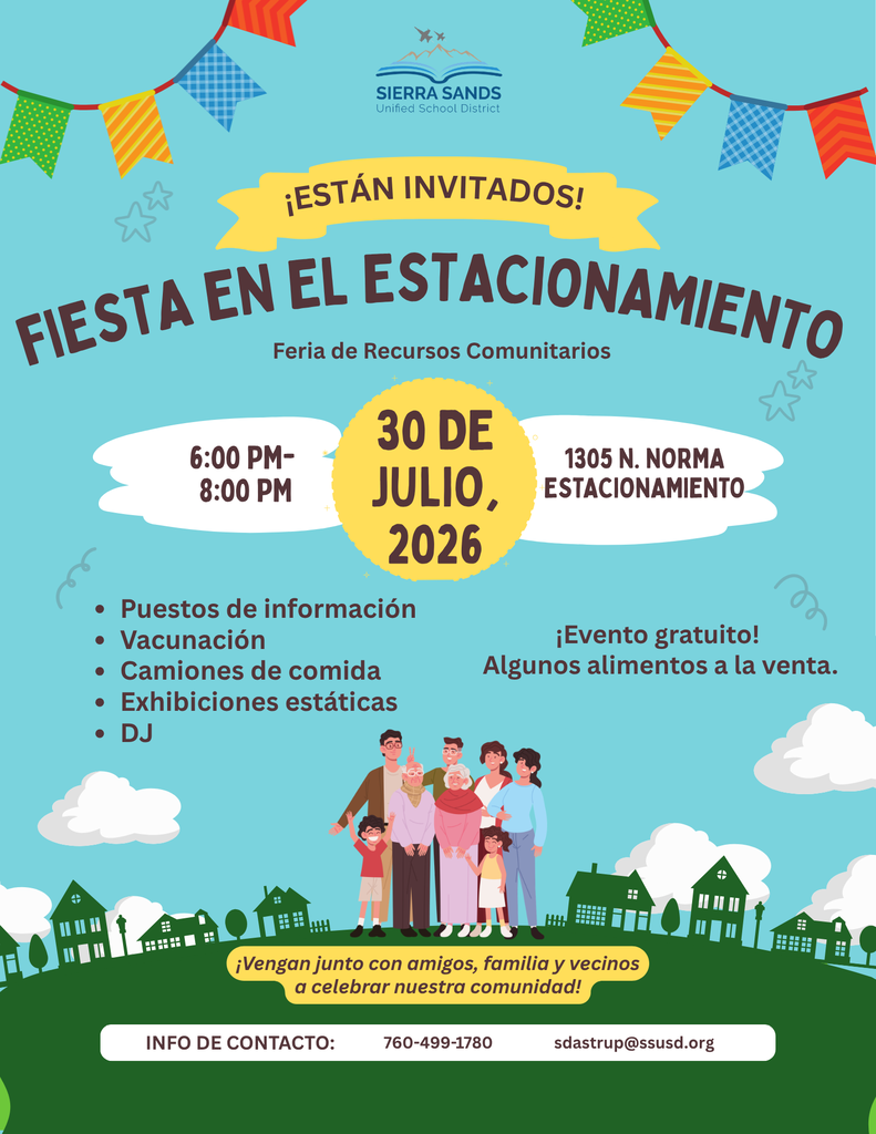 Blue sky, green grass, community buildings, multi-generational family with event information
