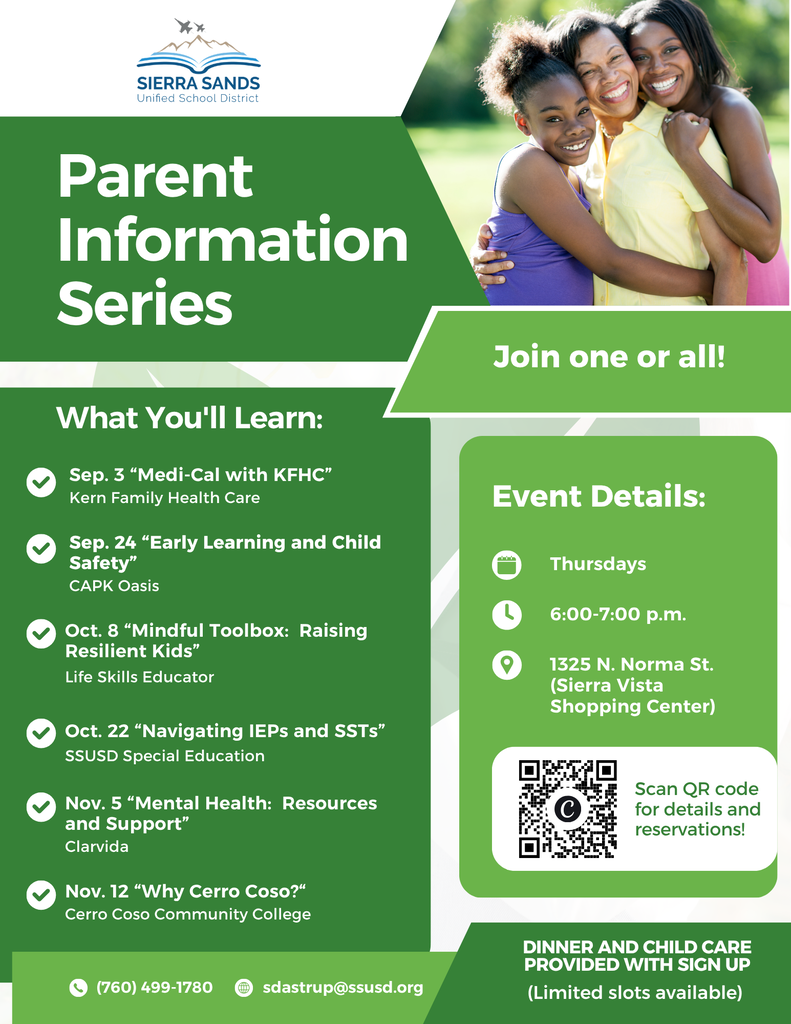 Green boxes of class and sign up info, picture of family