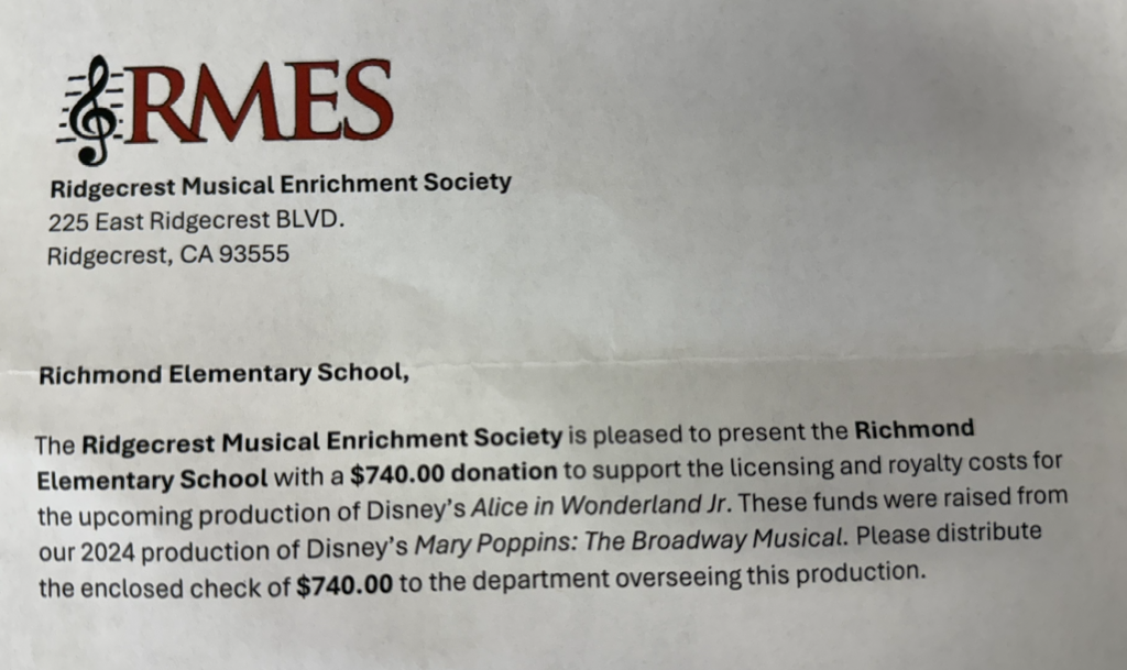 Letter announcing a donation for an upcoming play