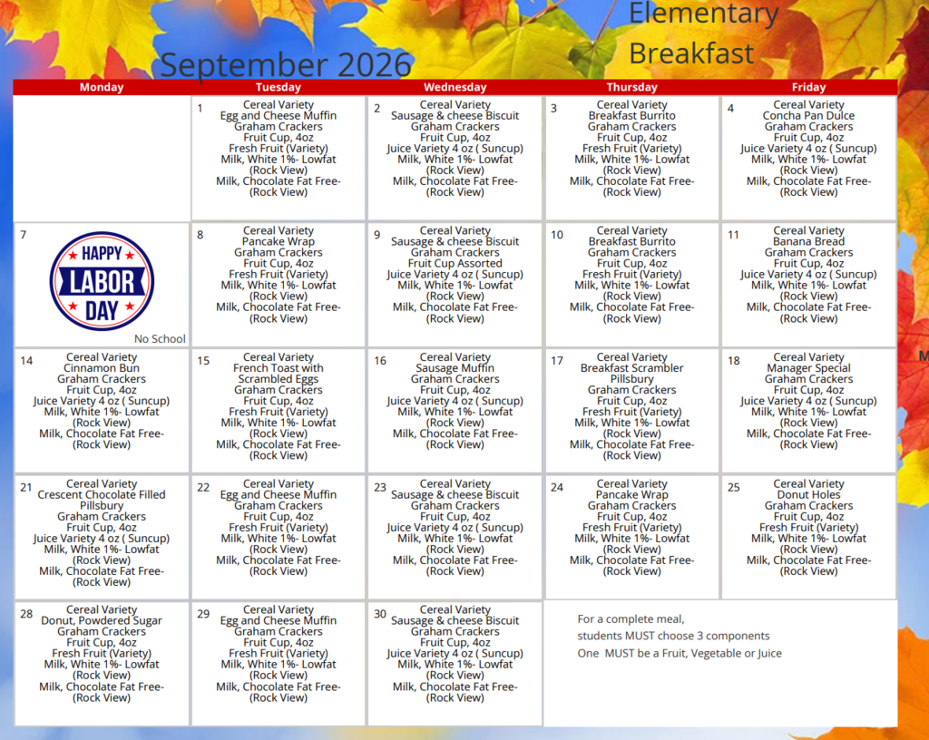Breakfast menu for the month of September