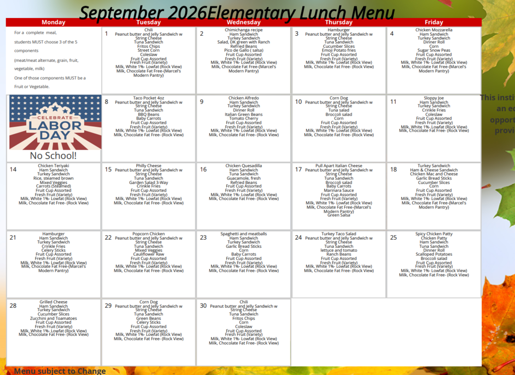 September Lunch menu