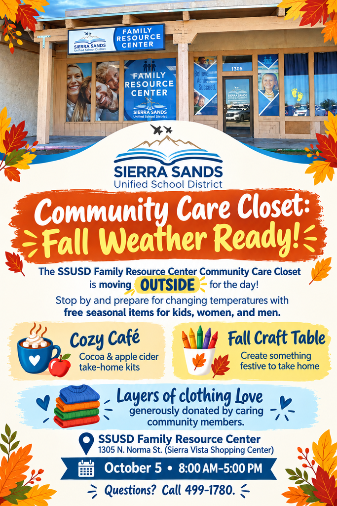 Colored leaves, mug, crayons, clothing items with fall weather ready clothing closet details