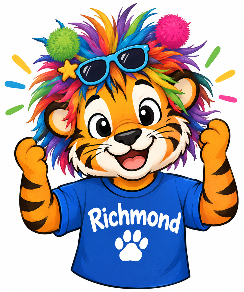 Tiger with rainbow hair and pom pom accessories